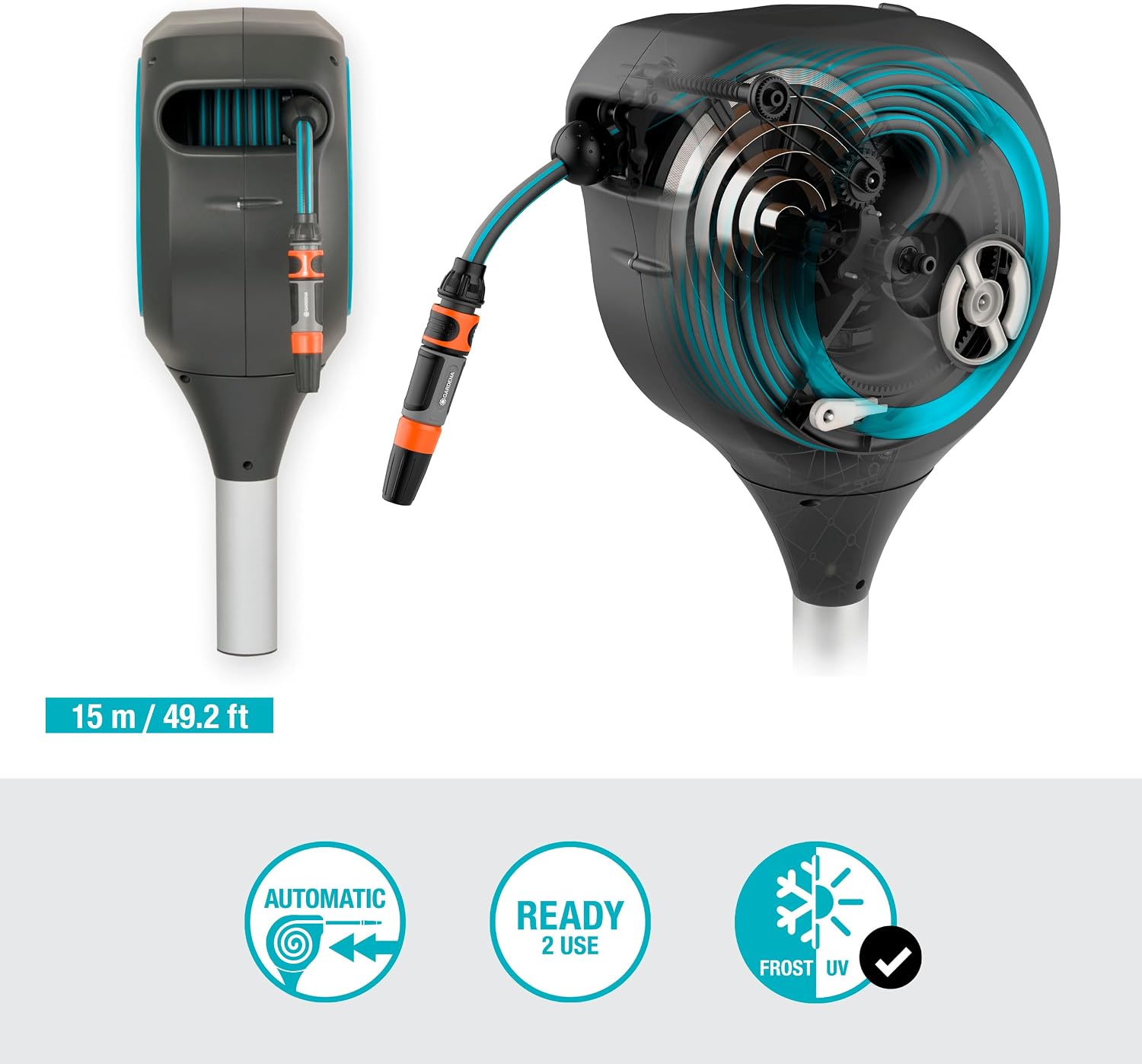 GARDENA Automatic Retractable Garden Hose Reel - 50 Feet - 360 Degree Swivel Outdoor Hose Reel with Metal Spike Base