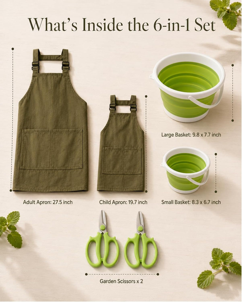 Garden Baskets for Gathering Vegetables Family Harvest Set | Adult and child aprons, collapsible picking baskets, and