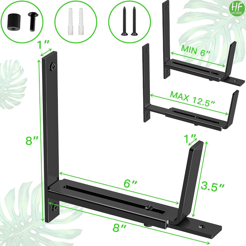 HFHOME 4 PCS Adjustable Planter Box Brackets (6 to 12.5 in), Universal Window Box Brackets, Heavy Duty Metal Flower Box