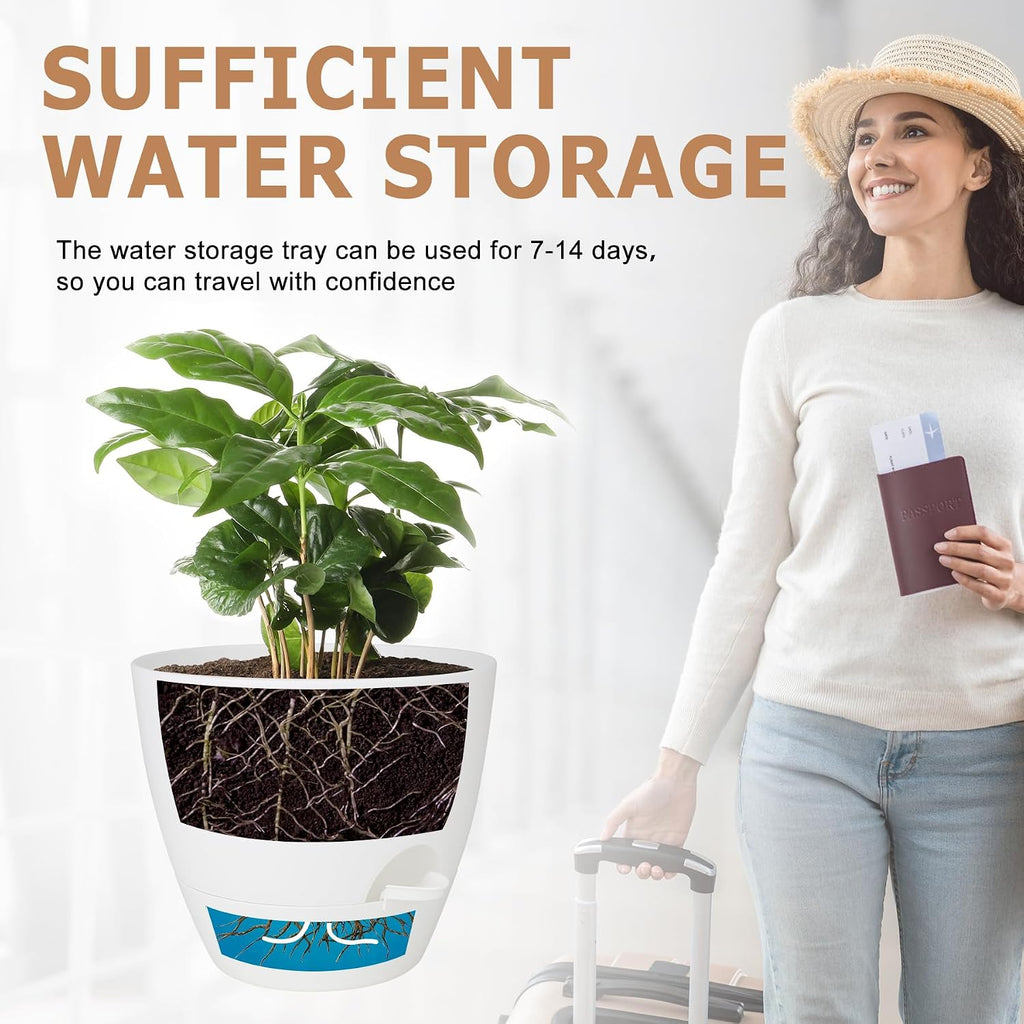 QRRICA Plant Pots 10/9/8/7.5/7 Inch Self Watering Pots, Set of 5 Plastic Planters with Drainage Holes and