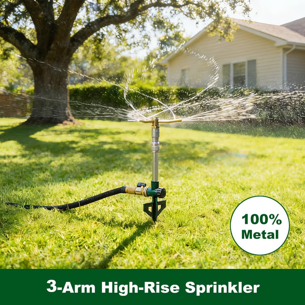 FANHAO 2 Pack Metal Lawn Sprinklers with Adjustable Telescoping Base, 3-Arm Water Sprinkler 360 Degree Rotation