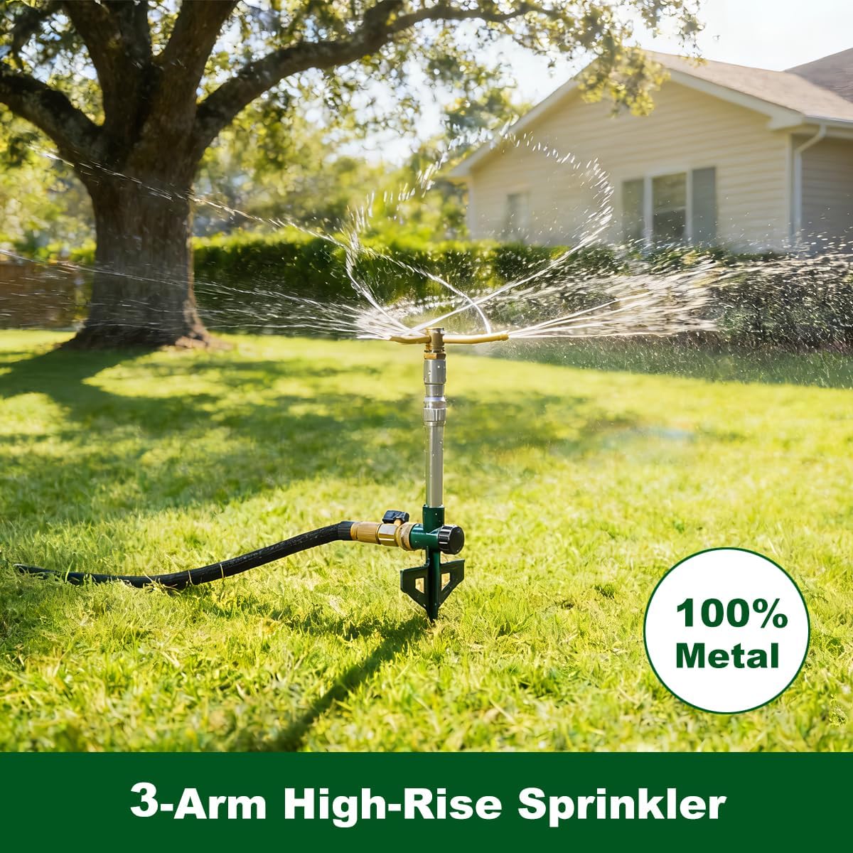 FANHAO 2 Pack Metal Lawn Sprinklers with Adjustable Telescoping Base, 3-Arm Water Sprinkler 360 Degree Rotation