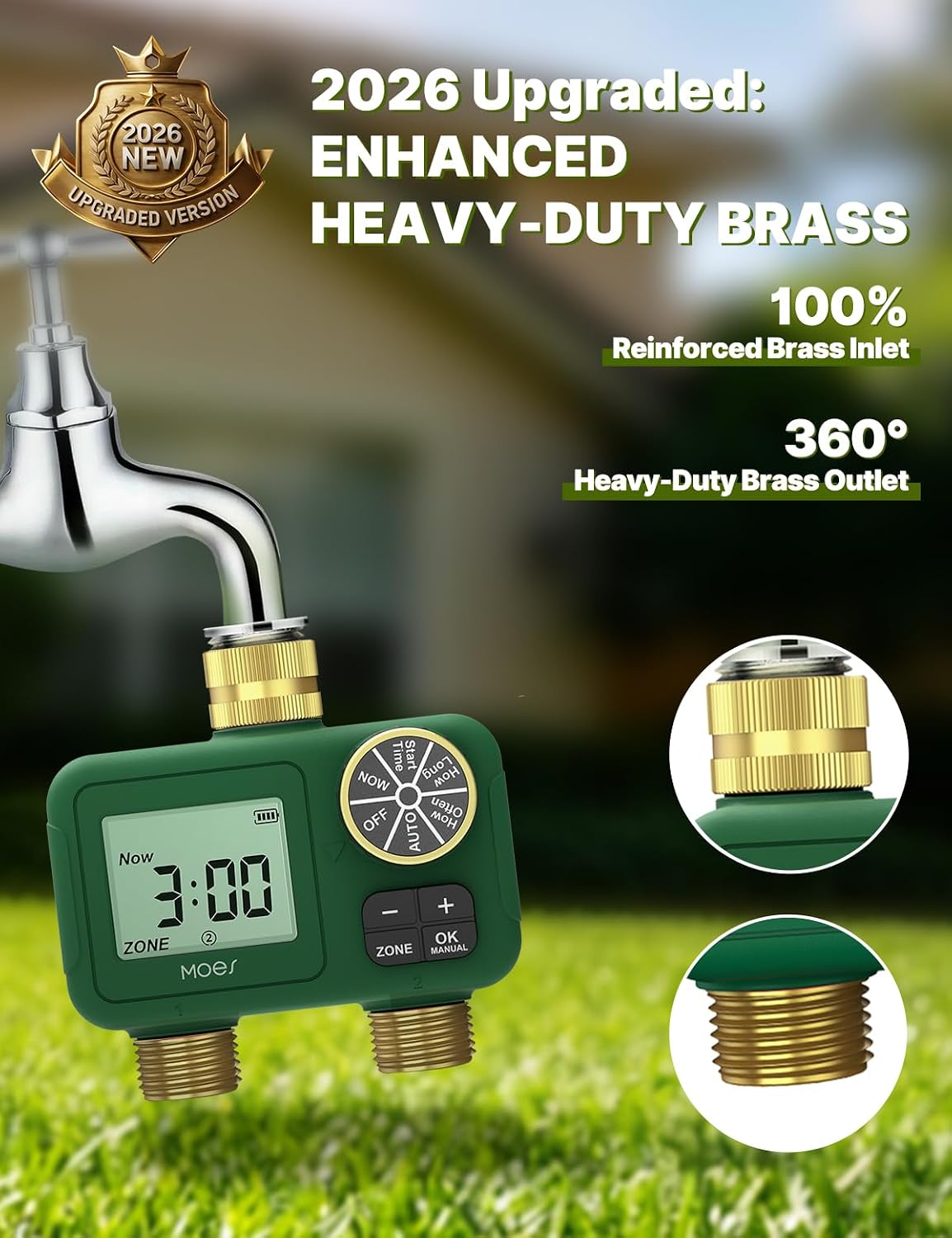 MOES 2 Zone Water Timer, Brass Fittings, Rain Delay, No Wi-Fi Required | 2 Independently Programmable Outlets With 3/4
