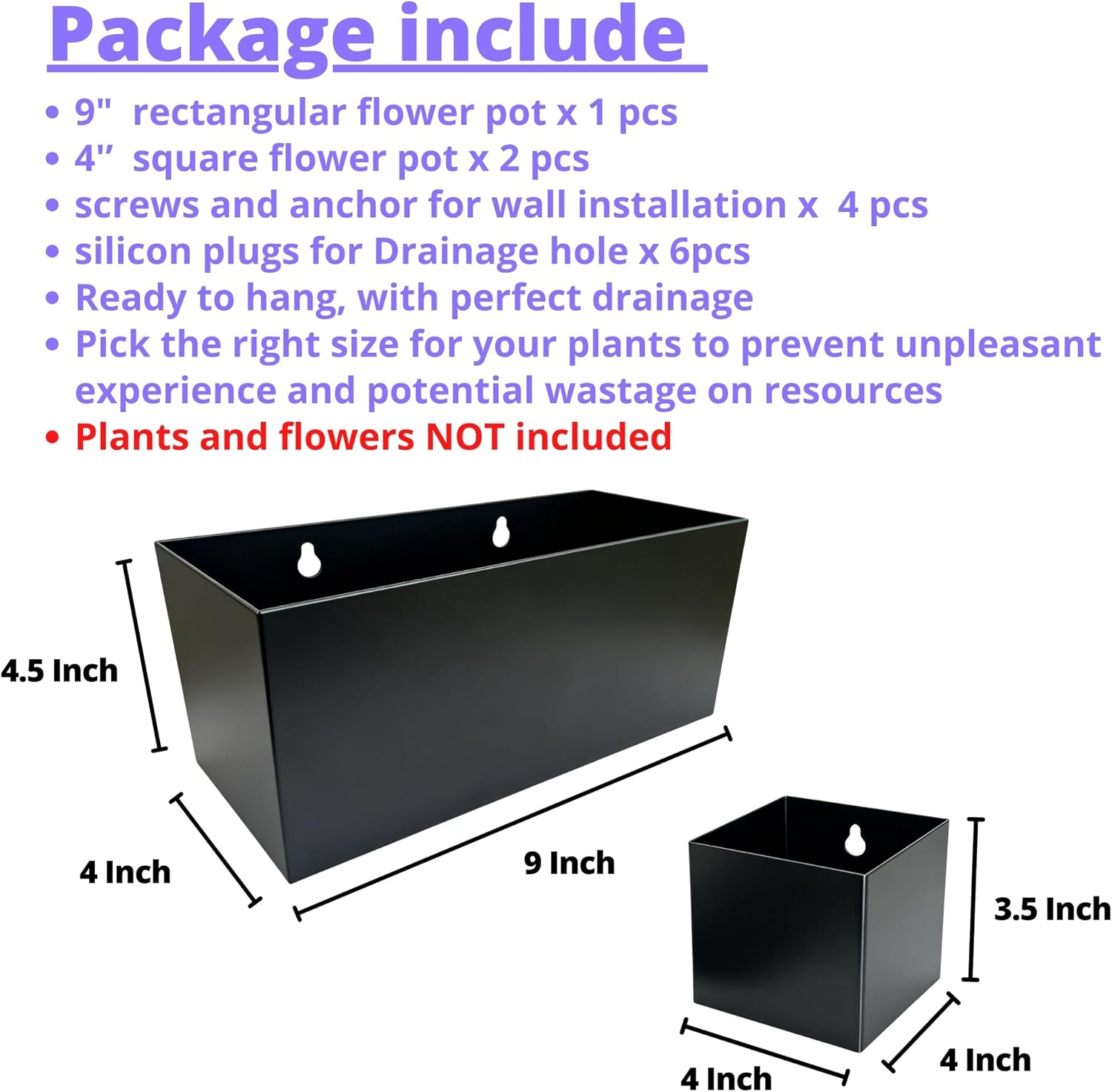 LaLaGreen Wall Planters (3-Pack Set) Rectangular Wall Mounted Hanging Flower Boxes for Indoor Plants, Black Carbon