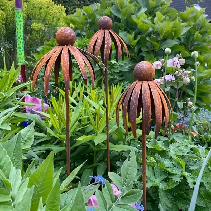 Rustic Metal Coneflower Garden Stakes, Set of 3, Rusted Iron Daisy Yard Art, 30.71x5.12 Inch, Weather-Resistant Lawn