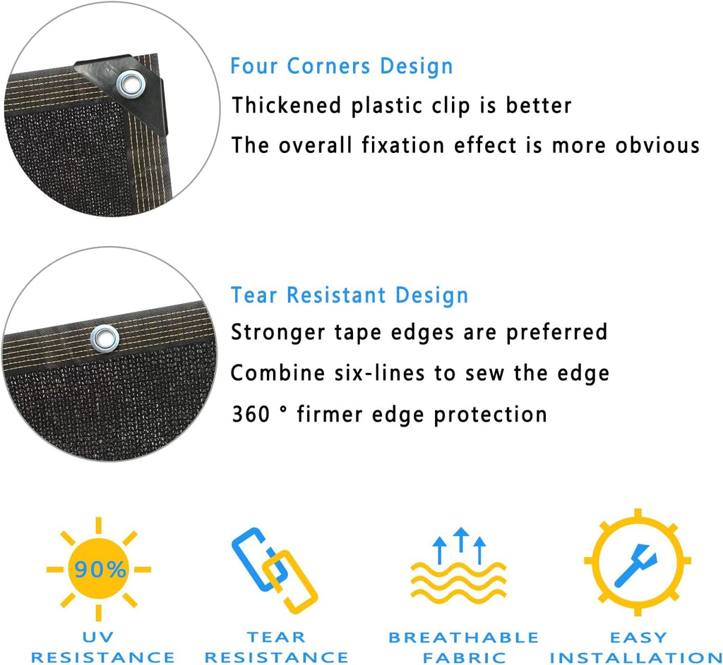 90% Shade Cloth, Black 10 ft x 20 ft, UV Resistant Shade Net for Outdoor, Garden Shade Mesh with Grommets, for Pergola