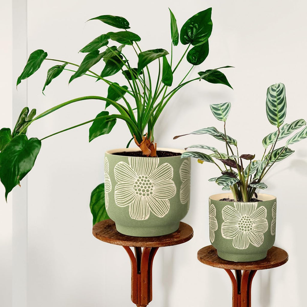 Ceramic Plant Pots, 8+6 Inch, 2 Pcs Indoor Planters with Drainage Holes | Green sand-glazed ceramic planters with