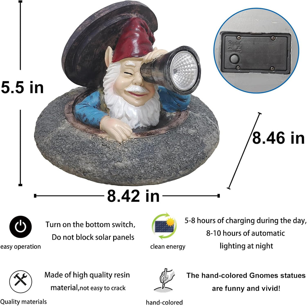 Solar Garden Gnome Outdoor Decor, Funny Gnome Statue Peeking from Manhole Cover, Waterproof Resin Figurine Lights for
