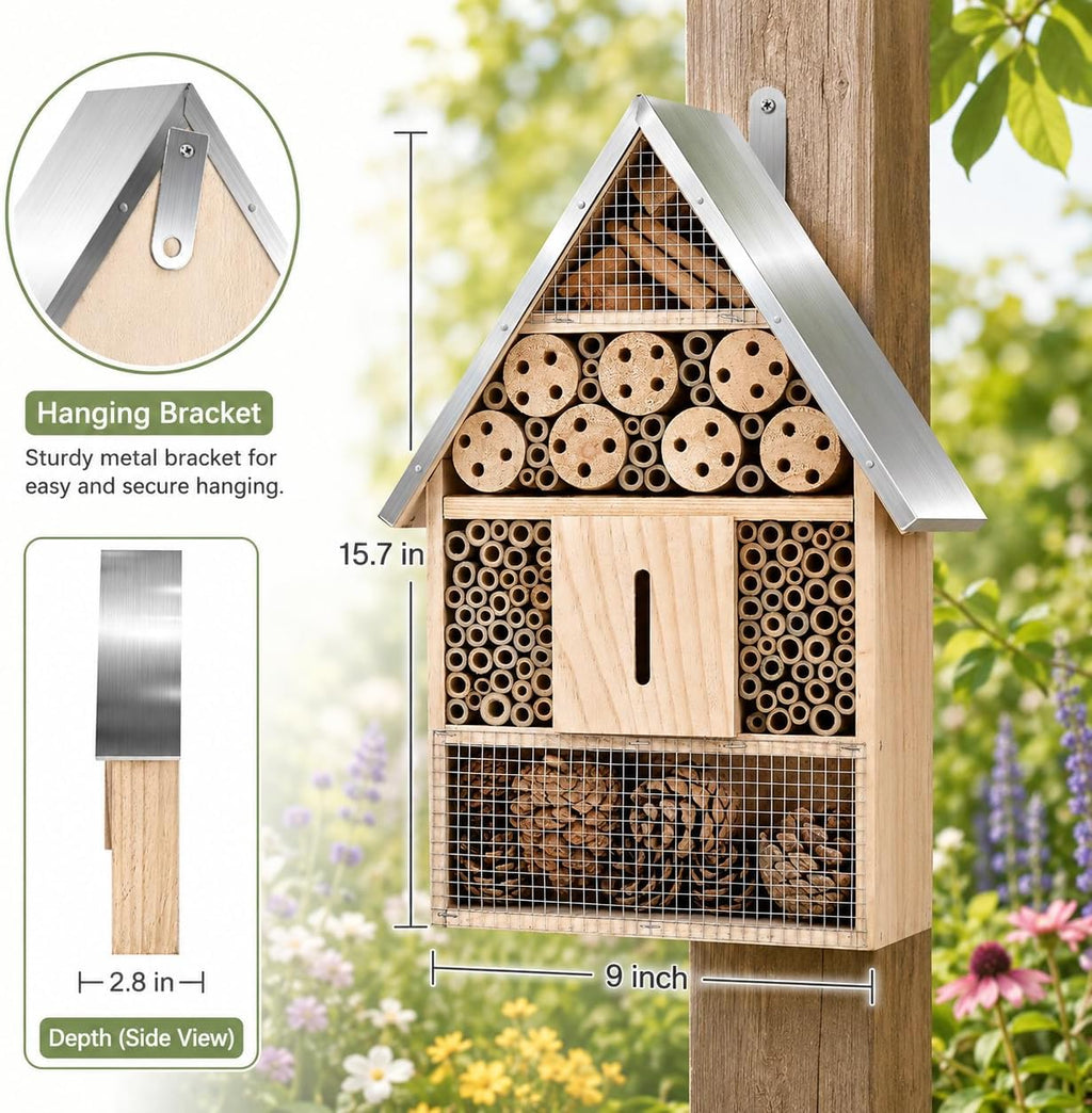 Wooden Mason Insect Bee Butterfly House,Insect Hotel,an Outdoor Hanging Bamboo Habitat for Bee Butterfly Ladybugs