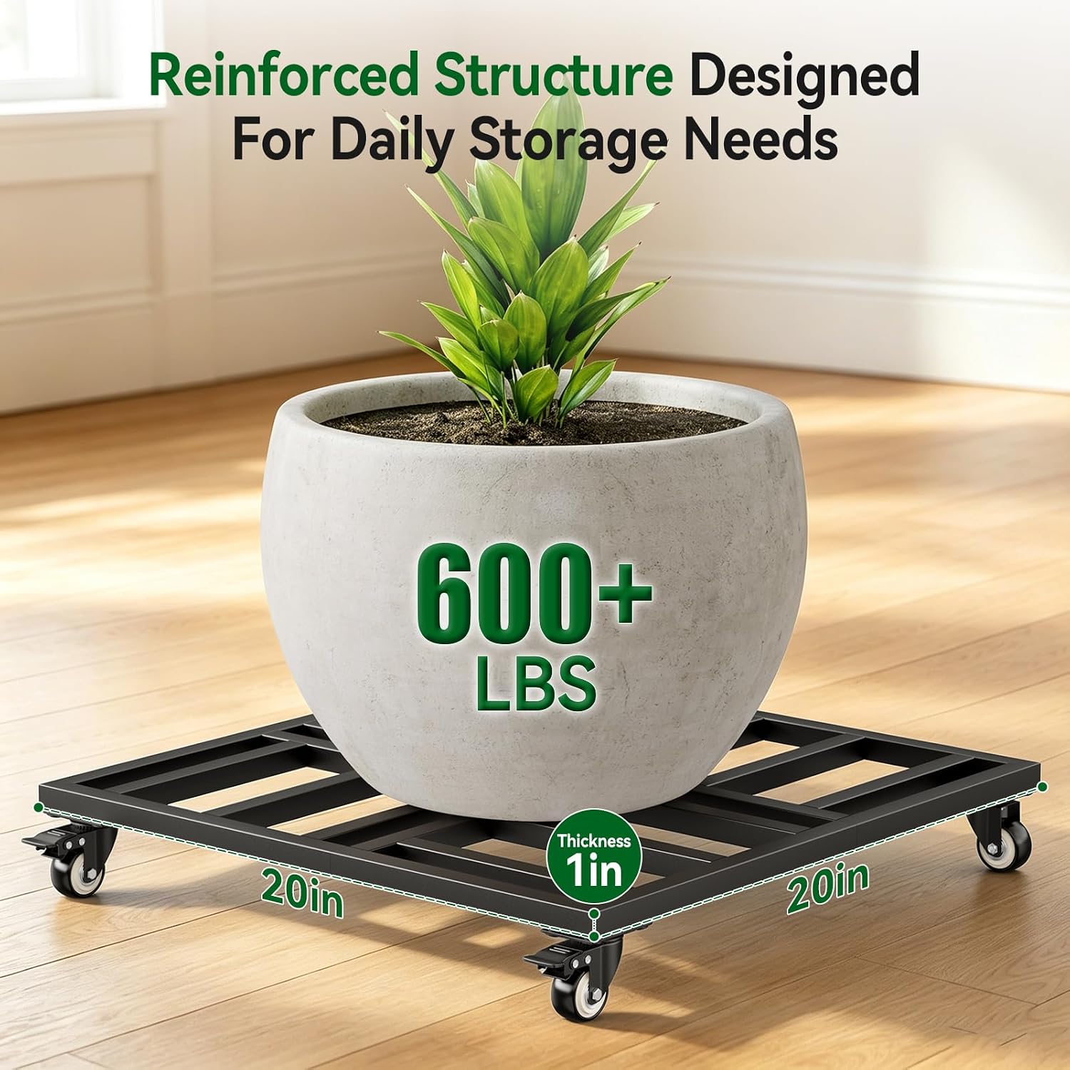 20" Plant Caddy with Wheels, Rolling Metal Plant Stand Holds up to 600 lbs, Square Plant Dolly with Lockable Caster