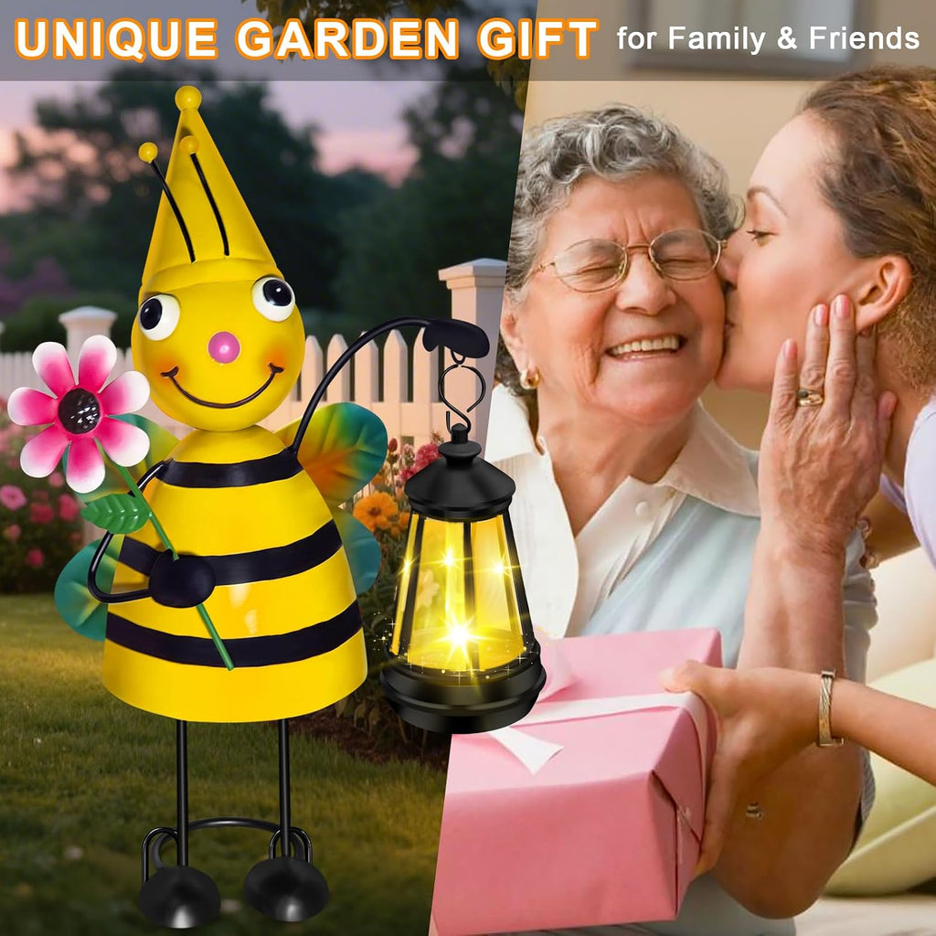 Solar Metal Bee Garden Statue with Lantern, Outdoor Garden Decor Figurine | Hand-Painted IP65 Waterproof Metal Craft