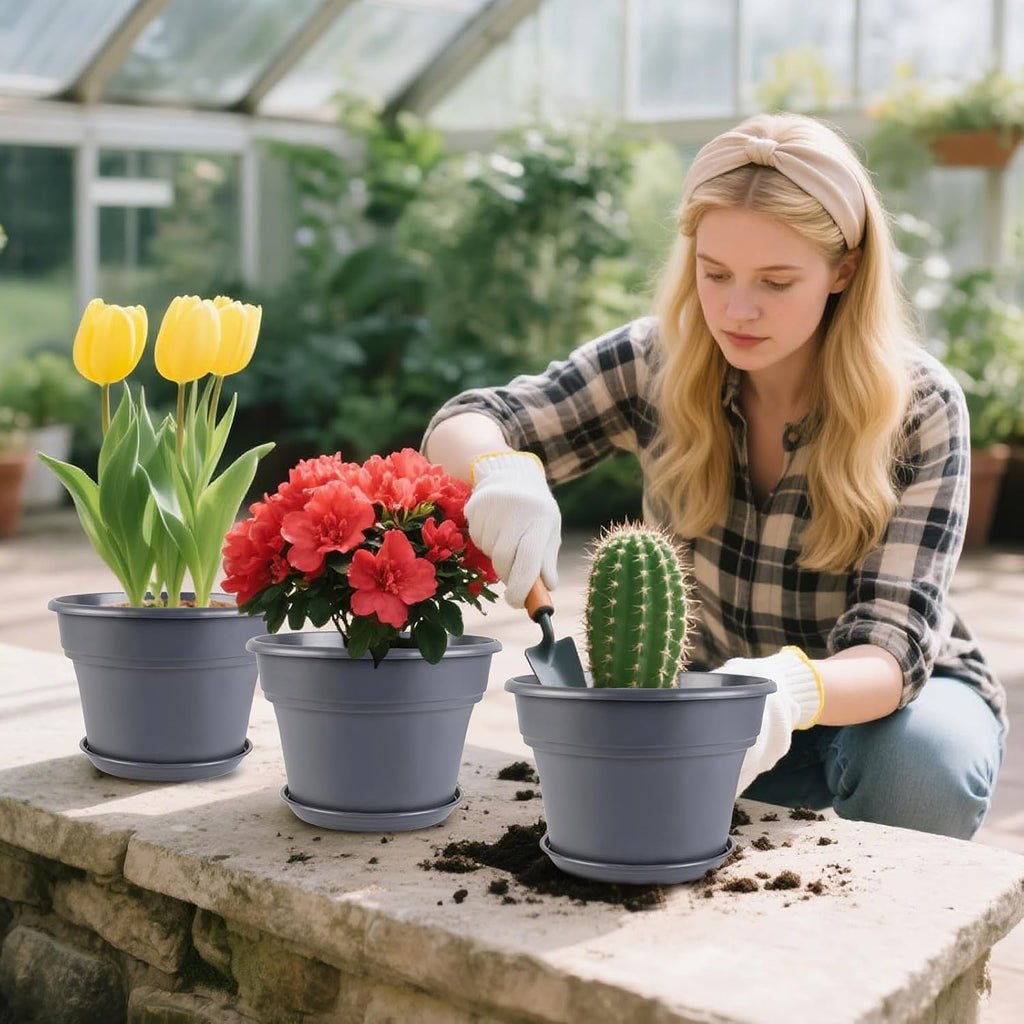 Myfeegoin 10-inch-Plant-Pots-Indoor-Outdoor, 4 Pack Plastic Planters with Drainage Holes & Saucers, Resin Flower Pots
