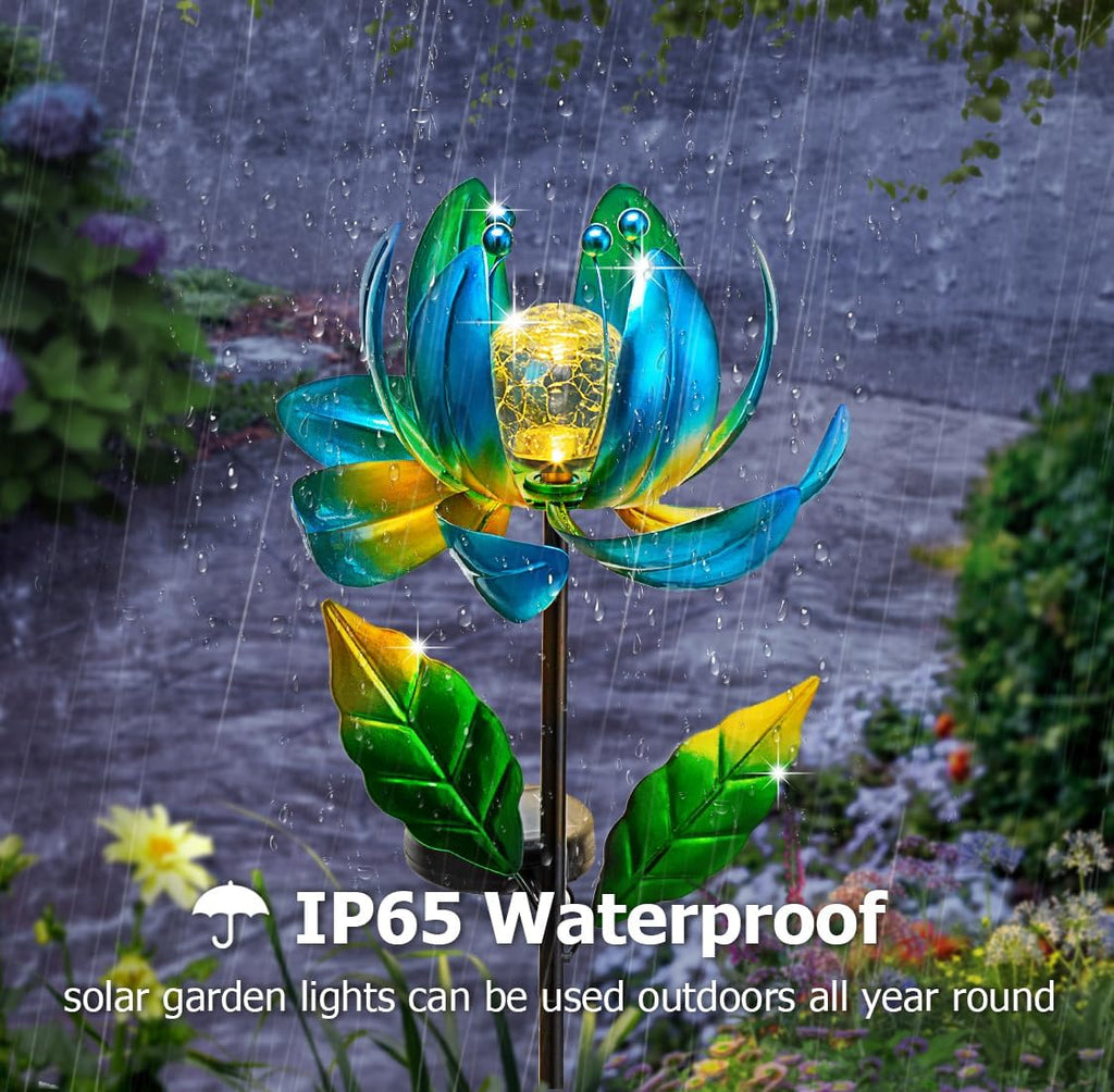 Solar Yard Lights Wind Spinners- Metal Lotus Flower Garden Decor LED Crackle Glass Globe Yard Art Sculpture Solar Stake