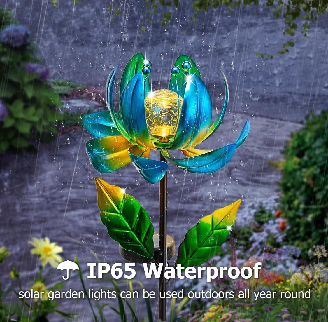 Solar Yard Lights Wind Spinners- Metal Lotus Flower Garden Decor LED Crackle Glass Globe Yard Art Sculpture Solar Stake