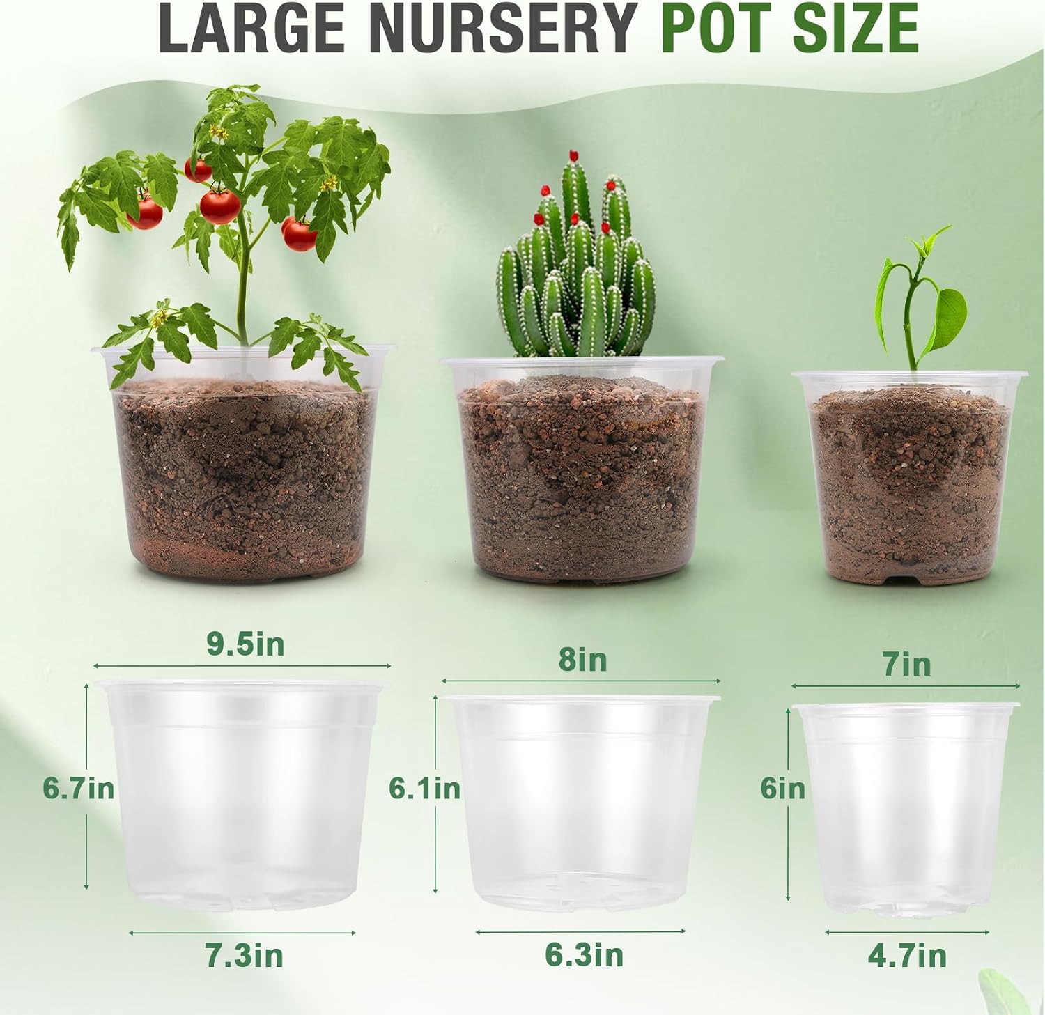7/8/10 Inch Large Clear Nursery Pots with Drainage, 9 Pack Plastic Pots for Plants, Clear Plant Seedling Pots for