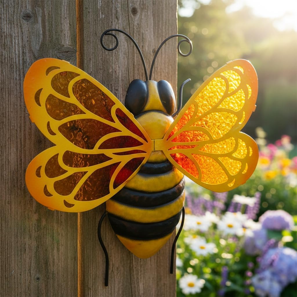 LIFFY Metal Bee Wall Decor,10" Hanging Glass Bumblebee Outdoor Decor,Decorative Garden Ornaments Outside for Home Patio