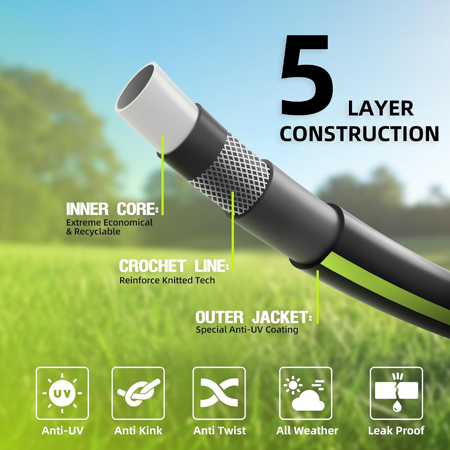 Worth Leader Long Garden Hose 5/8 in. x 50 ft. -No Kink, Flexible, Leakproof, Male to Female Fittings -Heavy Duty