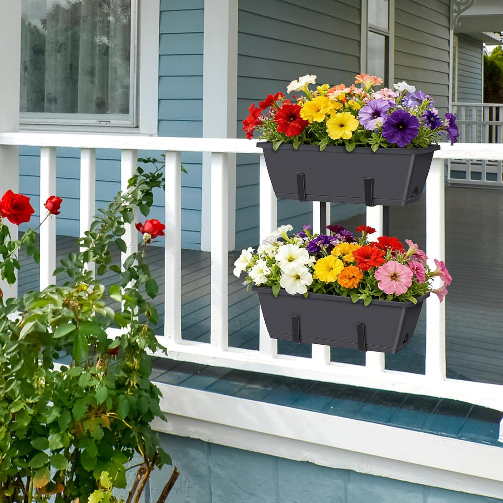 Railing Planter Box 2 Pack Rectangular Window Boxes Planters with Double Adjustable Brackets, Balcony Deck Railing