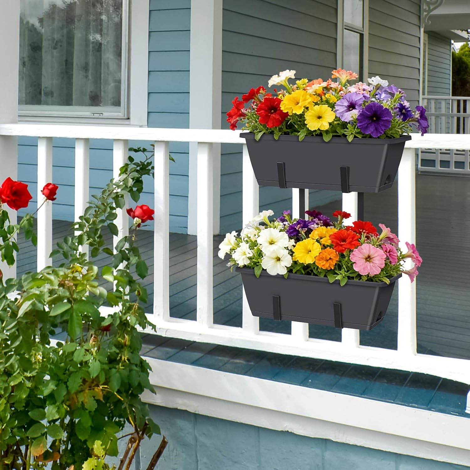 Railing Planter Box 2 Pack Rectangular Window Boxes Planters with Double Adjustable Brackets, Balcony Deck Railing