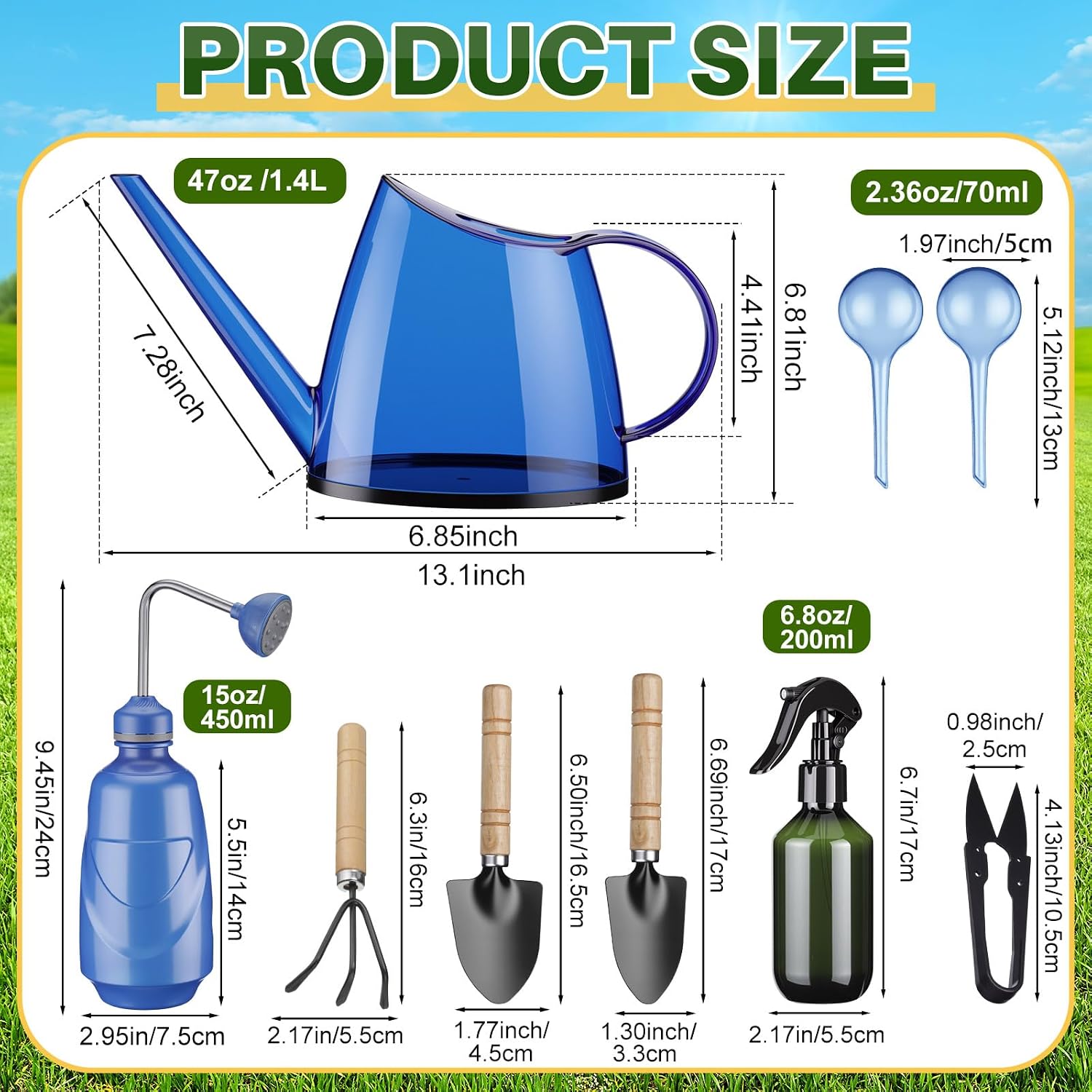 Indoor Plant Watering Can Set, 13 Pcs Garden Set with 47 oz Long Spout Can, Spray Mister, Squeeze Bottle, 6 Self