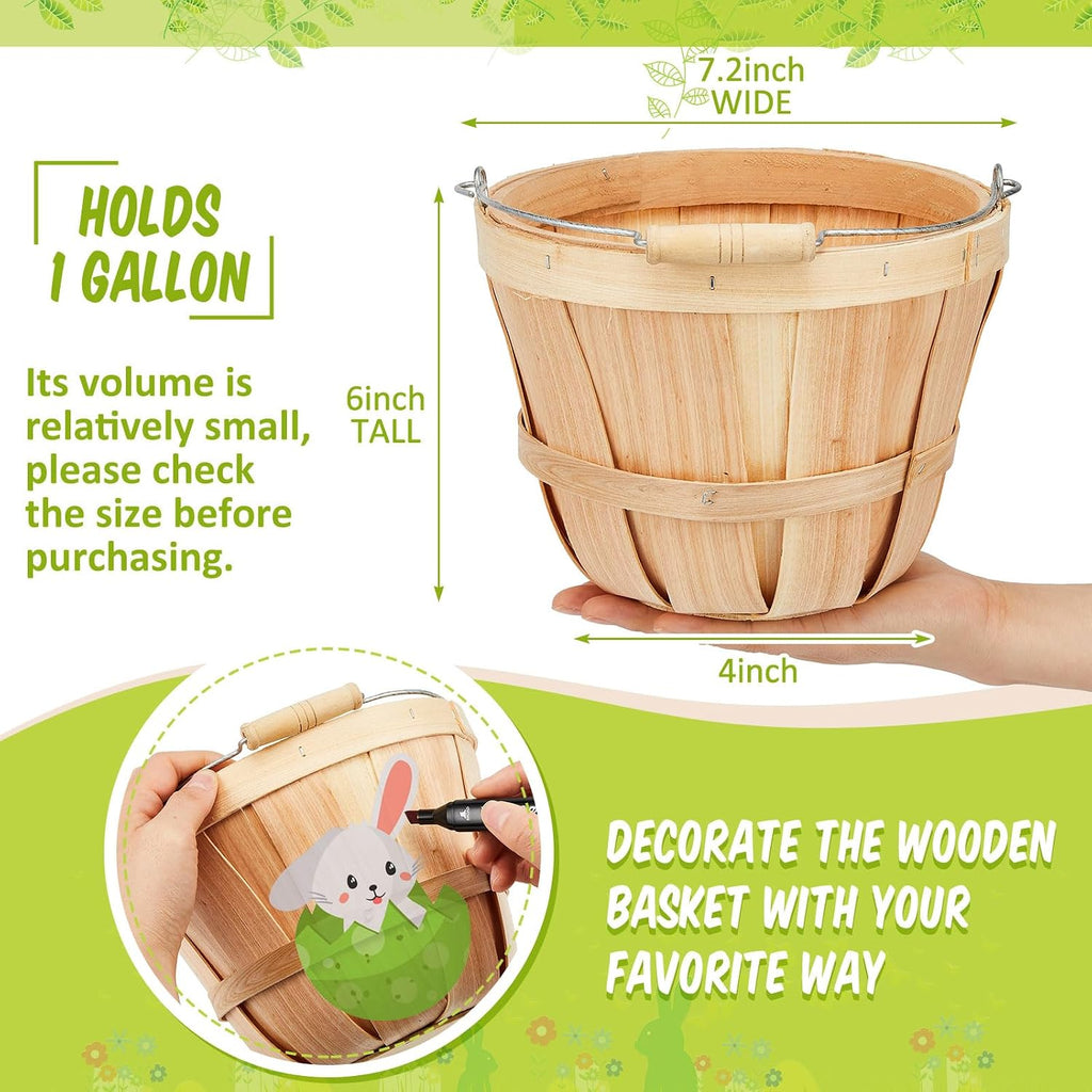 Tatuo 4 Pcs Round Wooden Apple Baskets Wood Fruit Buckets with Handle Fall Harvest Basket Portable Bushel for Market