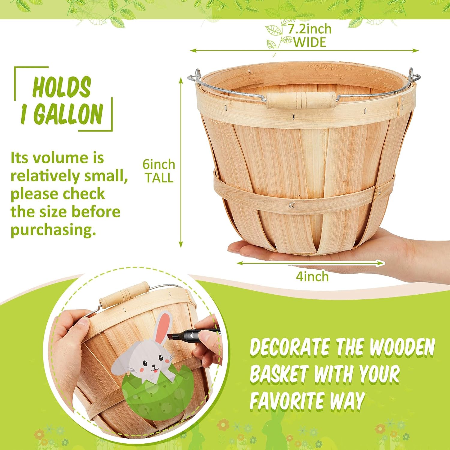 Tatuo 4 Pcs Round Wooden Apple Baskets Wood Fruit Buckets with Handle Fall Harvest Basket Portable Bushel for Market