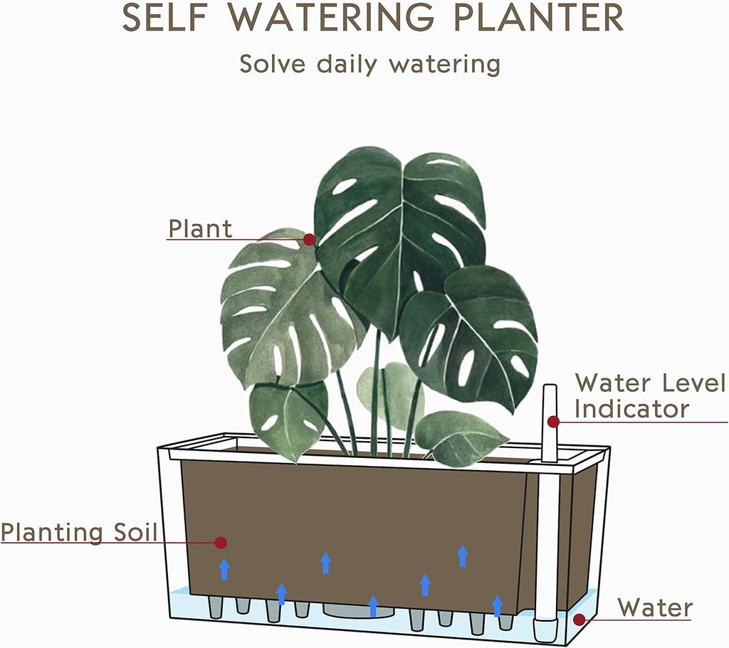 SAROSORA 14" Self Watering Planter Pots with Water Level Indicator, Rectangle Matte Plastic Window Box for Indoor