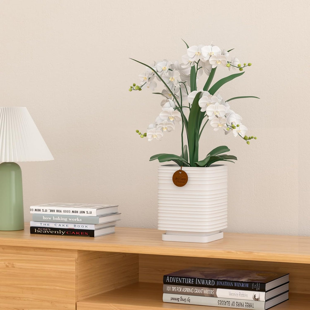 7.1 Inch White Ceramic Planter with Drainage and Saucer | 7.1 x 7.1 x 8.5 Inches | Ideal for Indoor and Outdoor Plants