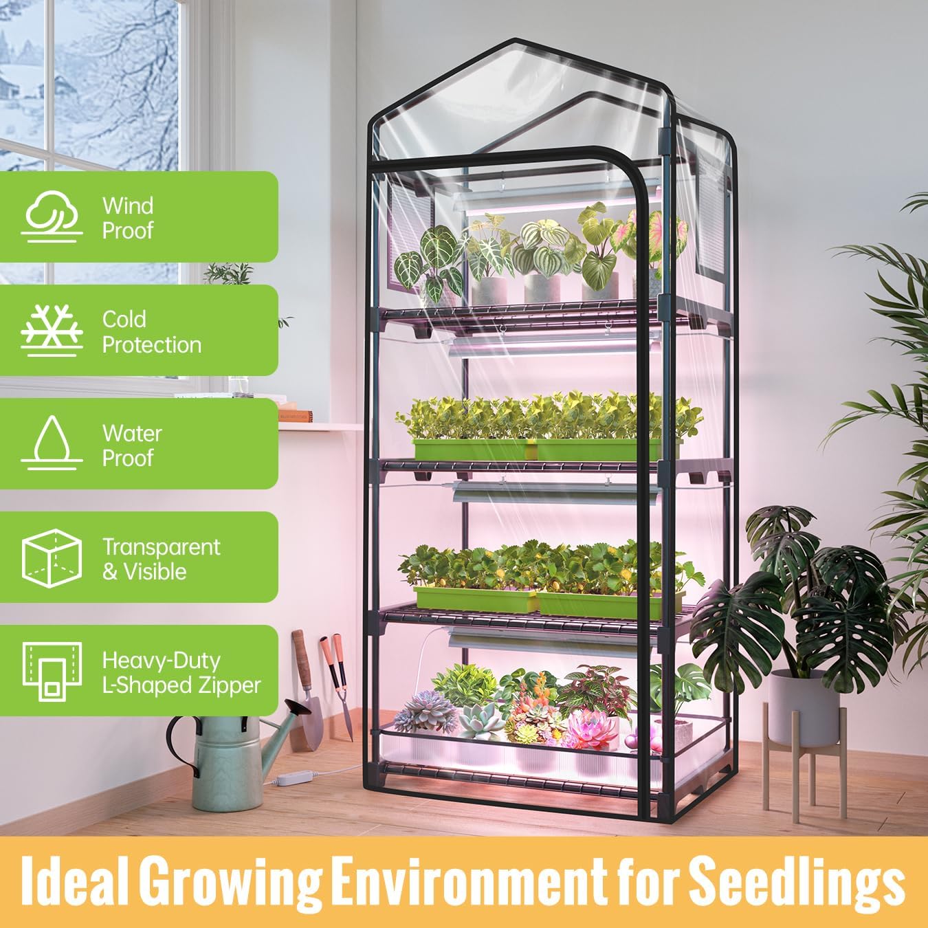 Indoor Greenhouse with Grow Light, 4-Tier Plant Stand, 27x19x63in | 1.64FT T5 Grow Light for Seedlings, PVC Tent with