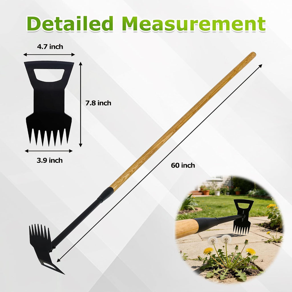 60" Wood Handle Weed Puller Tool, 7-Tine Garden Hoe, Secure Fit, No Bending | Weed Remover Tool & Weed Hoe for Yard