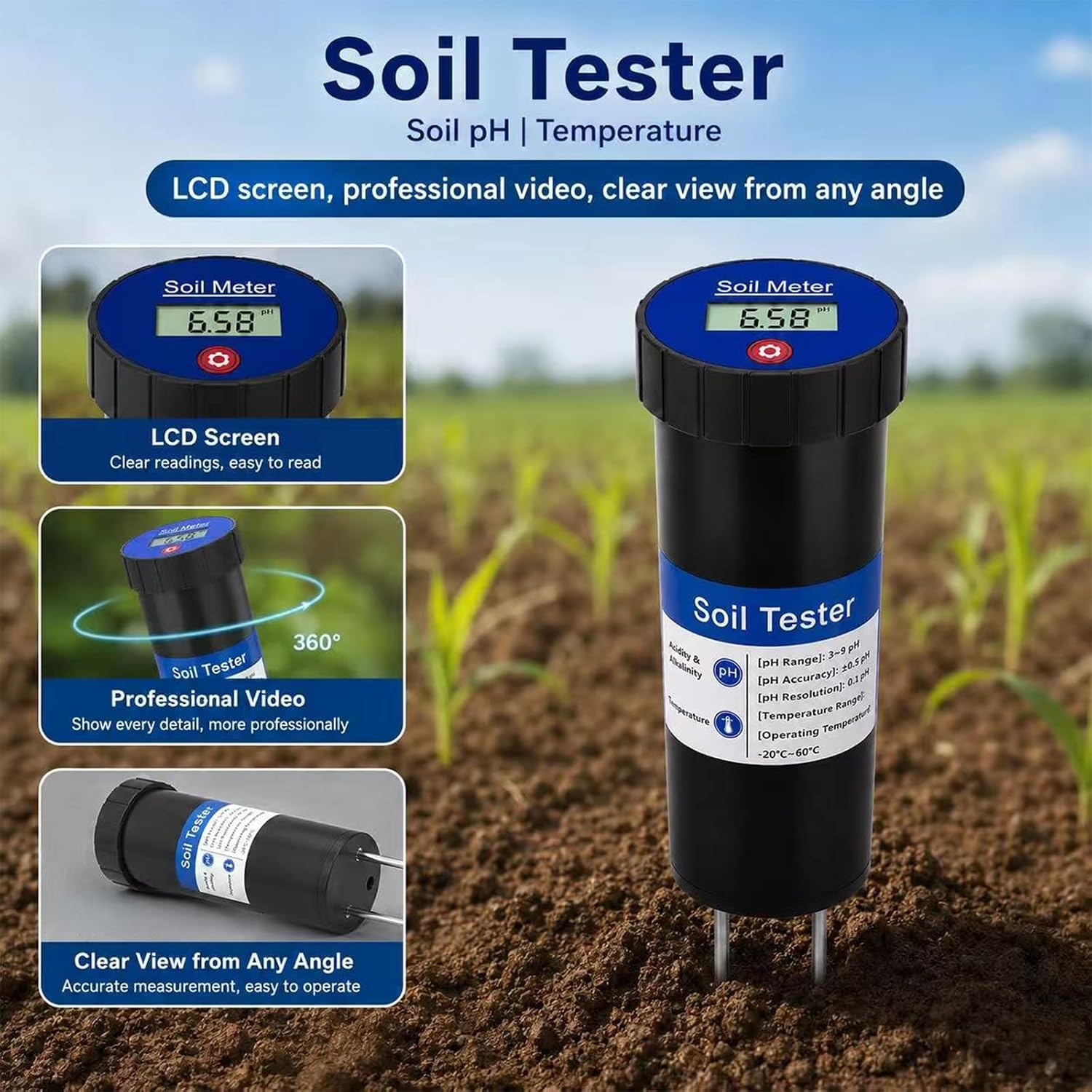 Digital Soil pH Meter – Industrial-Grade 3-8 pH Range Tester with Calibration-Free LCD Display, High Accuracy Soil pH