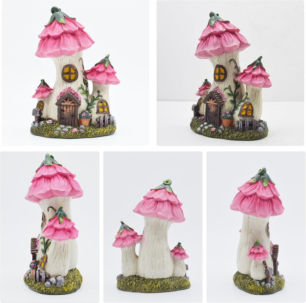 Pink Mushroom House Fairy Garden Statue,7.7 Inches | Resin Whimsical Figurine for Patio, Lawn, Yard, Outdoor & Indoor