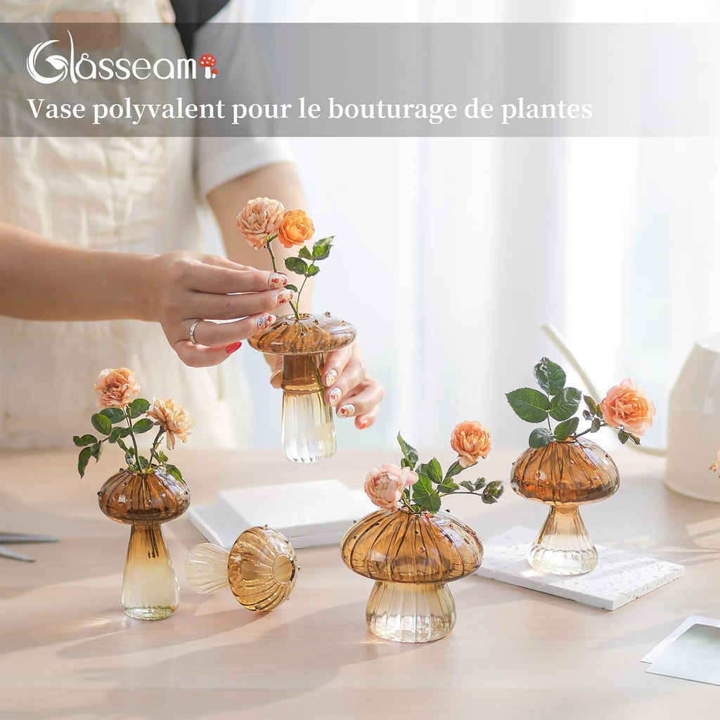 Glasseam Mushroom Glass Propagation Station, 5Pcs Amber Plant Terrarium Jar | Handmade Small Hydroponic Planters