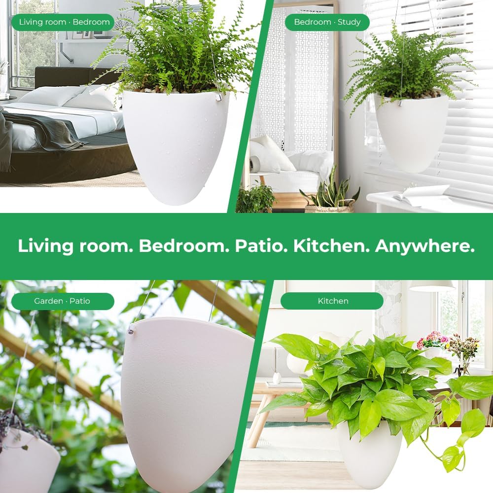 Self-Watering Hanging Planter Pot, Indoor Outdoor Plants, 6 Inch, 3 Pack | White | Stainless Steel Wire Hanger & Drip