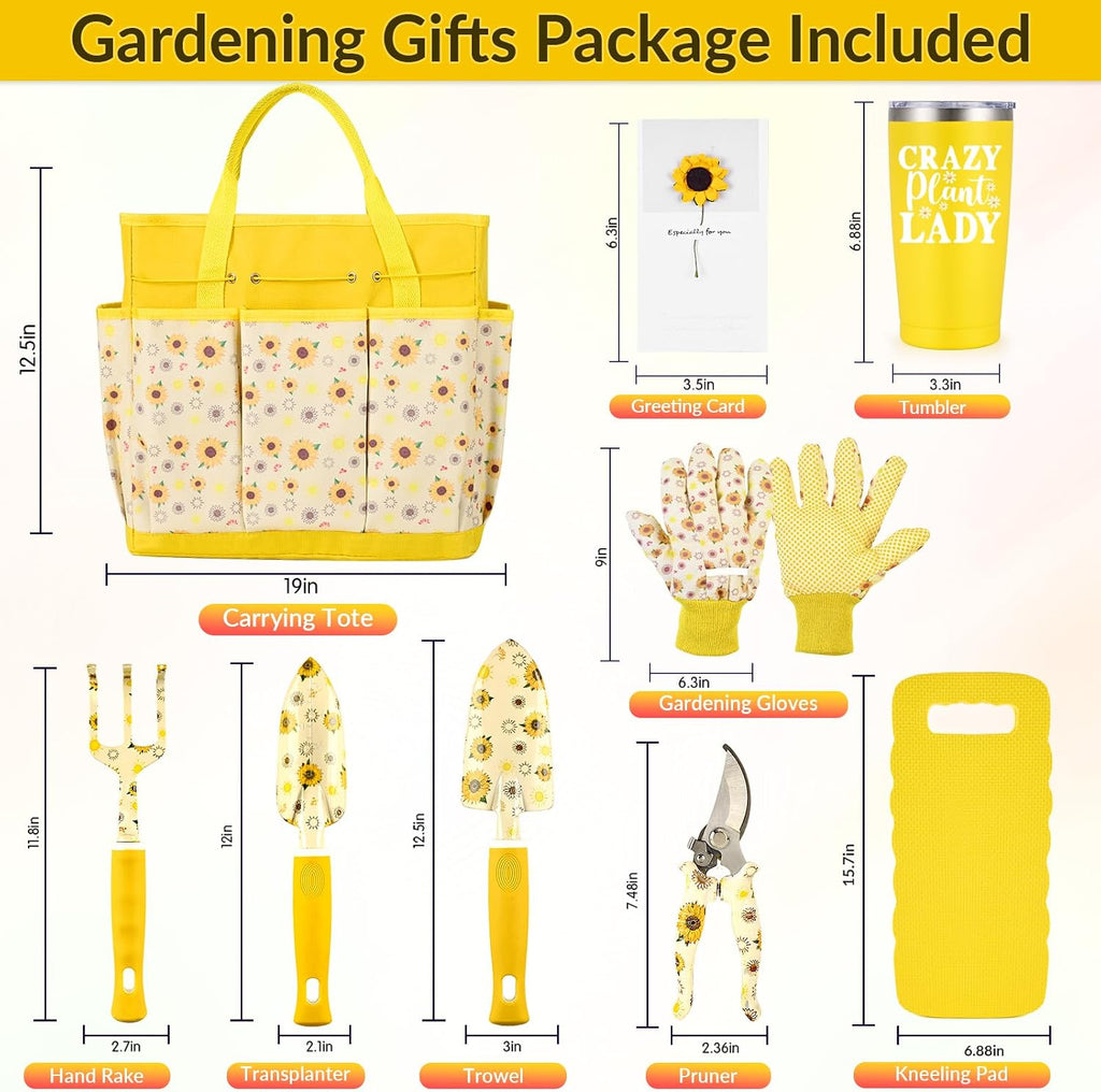 Lifecapido Gardening Gifts for Women, Gardening Hand Tools, 9 PCS Sunflower Garden Tool Set Kit with Garden Tool Bag