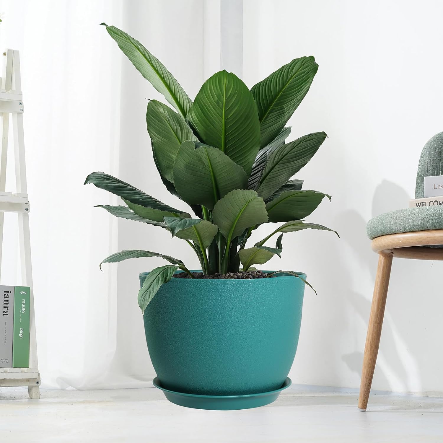 UOUZ 12inch Large Plant Pot, Modern Plastic Planter with High Driange Holes and Saucer for Indoor Outdoor Garden Plants