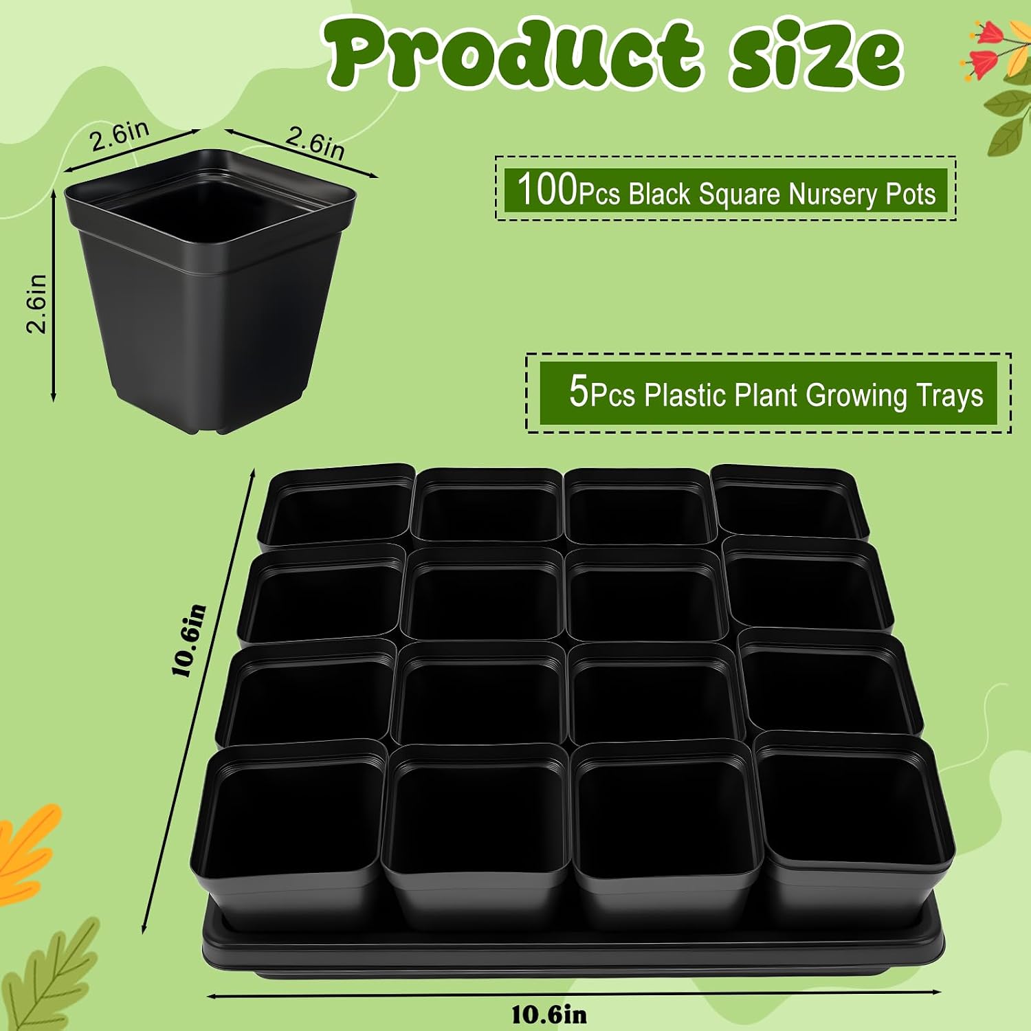2.6in 100 Pcs Square Nursery Pots with 5 Pcs Plastic Seed Starting Trays | Plant Propagation Starter Kit with Drain