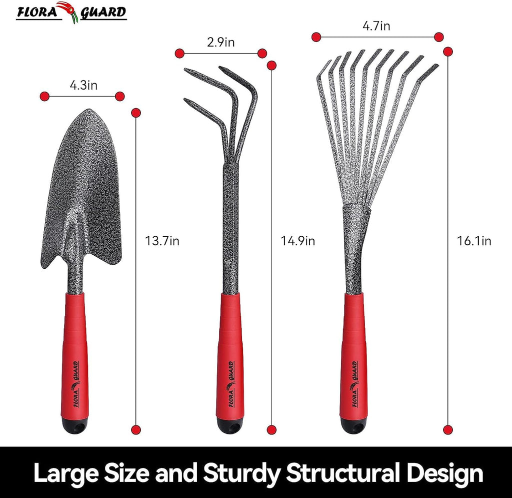 FLORA GUARD 6-Piece Garden Tool Set | Heavy Duty Gardening Hand Tools with High Carbon Steel Including Trowel, Rakes