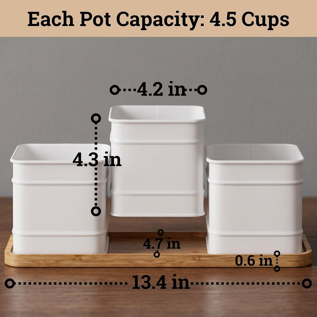 Herb Planter Indoor, 3-pc Herb Pots w/ Drainage Holes, Bamboo Tray & Labels | Iron Herb Pots, Varnished Bamboo Tray
