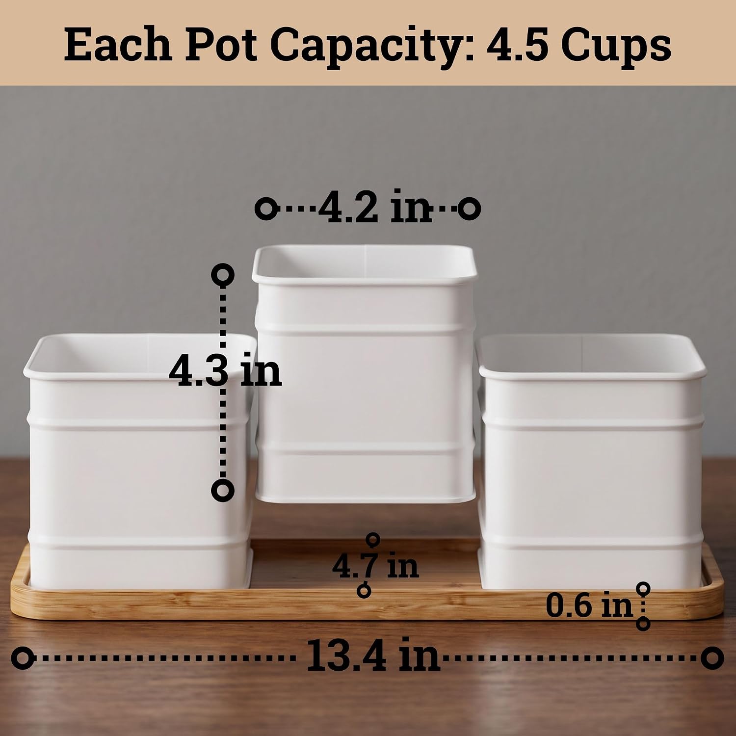 Herb Planter Indoor, 3-pc Herb Pots w/ Drainage Holes, Bamboo Tray & Labels | Iron Herb Pots, Varnished Bamboo Tray