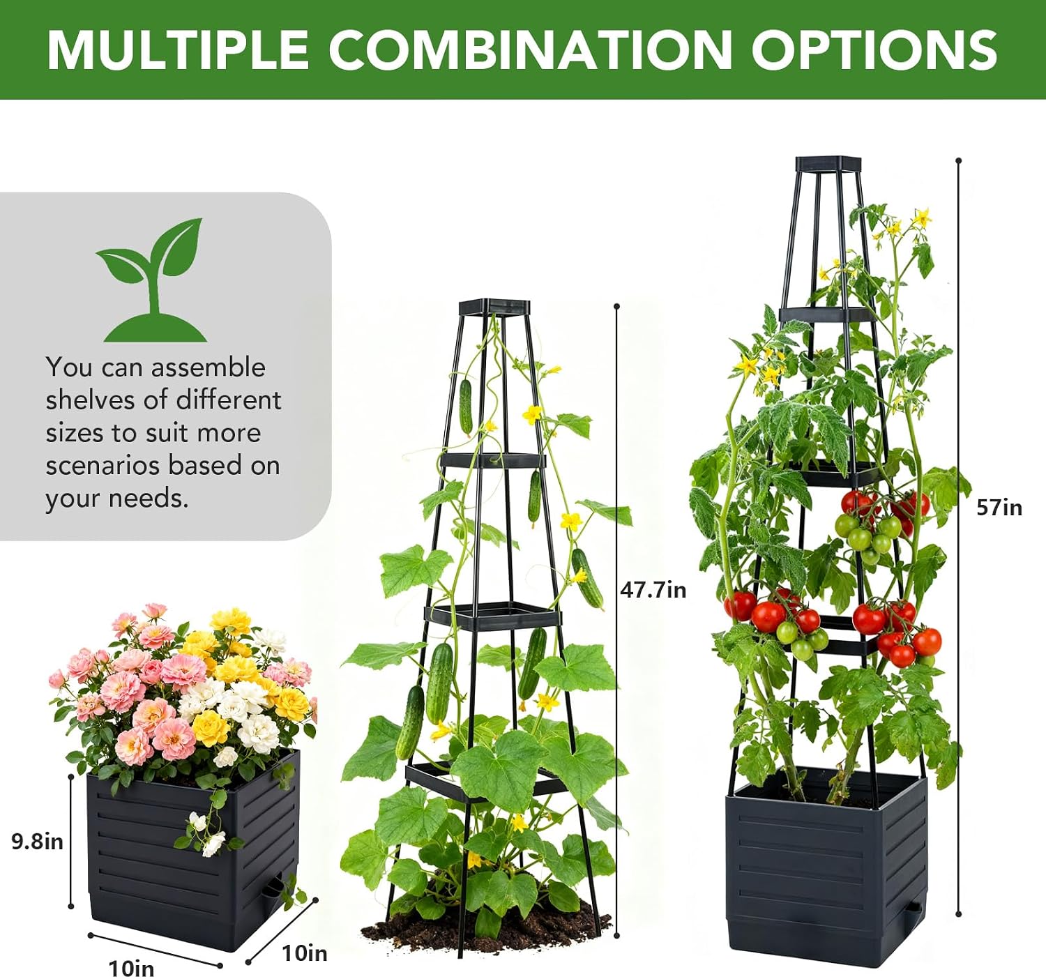 2 Pack Raised Garden Bed Planter Box with Trellis, 57'' Self Watering Tomato Planters for Climbing Plants, Tomato Cage