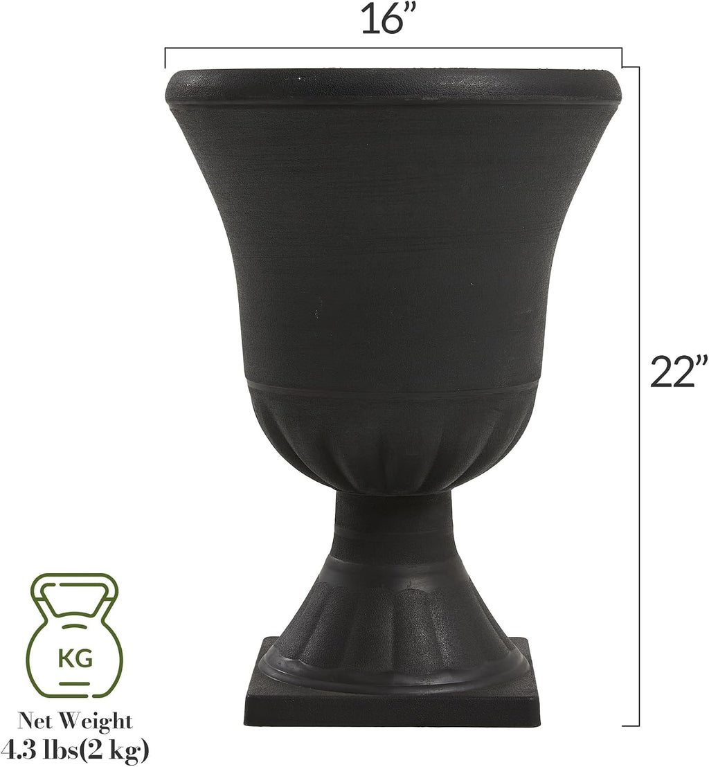 Worth Garden 2-Pack Plastic Urn Planters for Outdoor Plants, 22'' Black Tall Round Classic Resin Traditional Flower