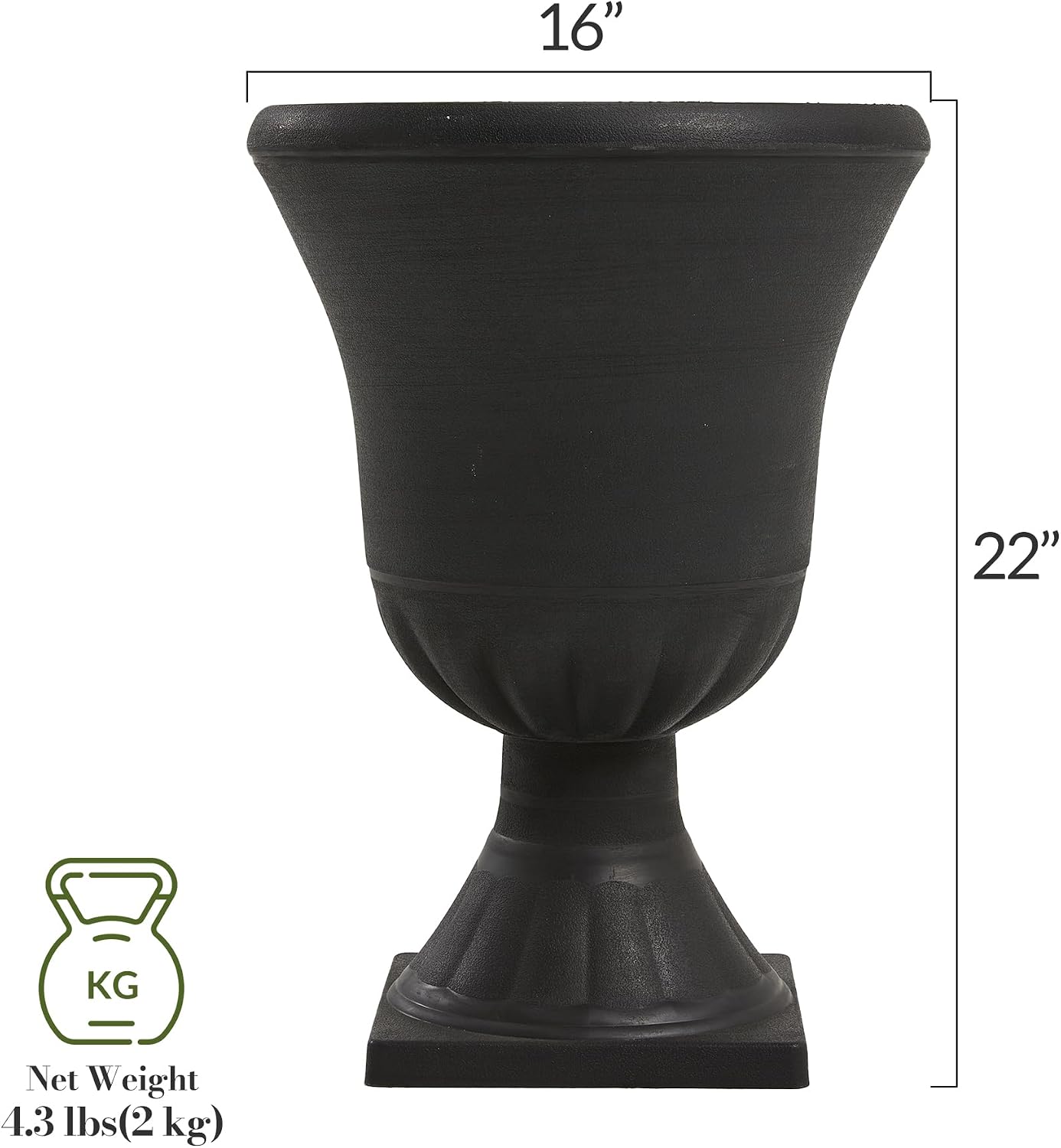 Worth Garden 2-Pack Plastic Urn Planters for Outdoor Plants, 22'' Black Tall Round Classic Resin Traditional Flower