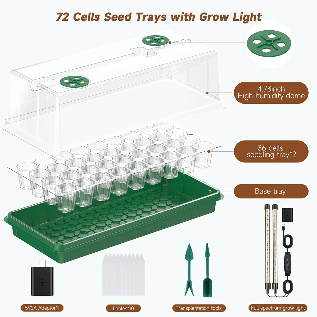 72 Cells Seed Starter Tray with Grow Light, Seed Starter Kit Full Spectrum with 5 Dimmable Brightness & Timer, Indoor