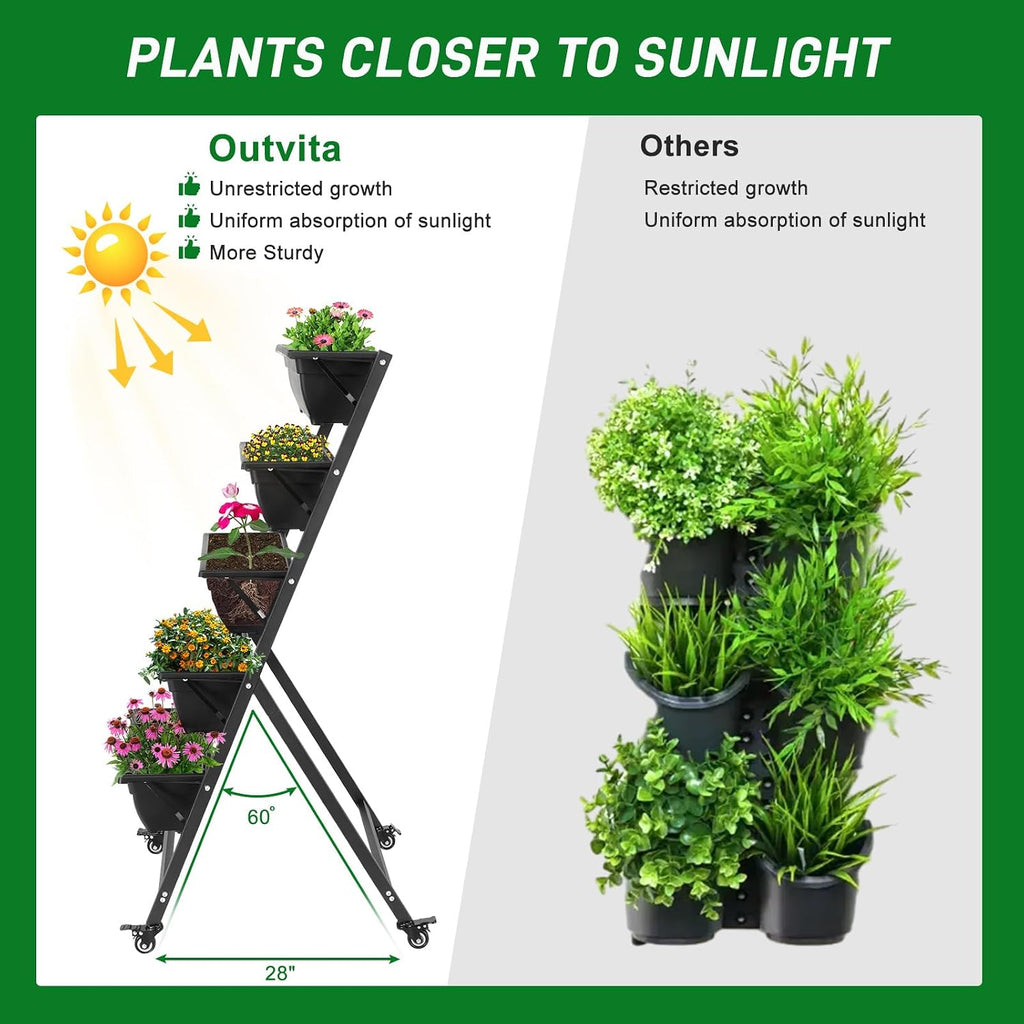 4.4 FT Vertical Garden Bed Removable 5 Tier Elevated with 4 Wheels | Vertical Raised Planter, Black Raised Bed Box