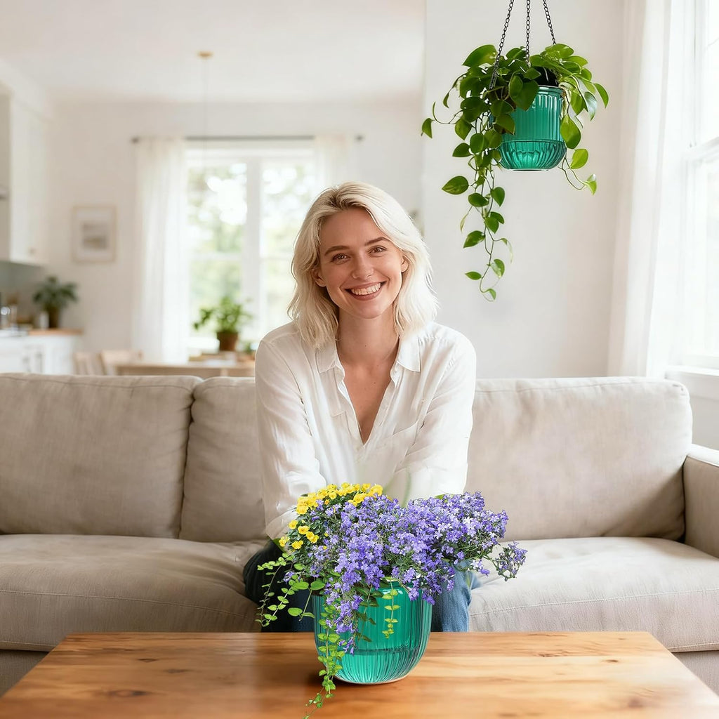 Hanging Planters for Indoor Plants 3 Pack, 6.5'' Plastic Flower Pot | Self Watering Planters Small Clear Outdoor, Metal