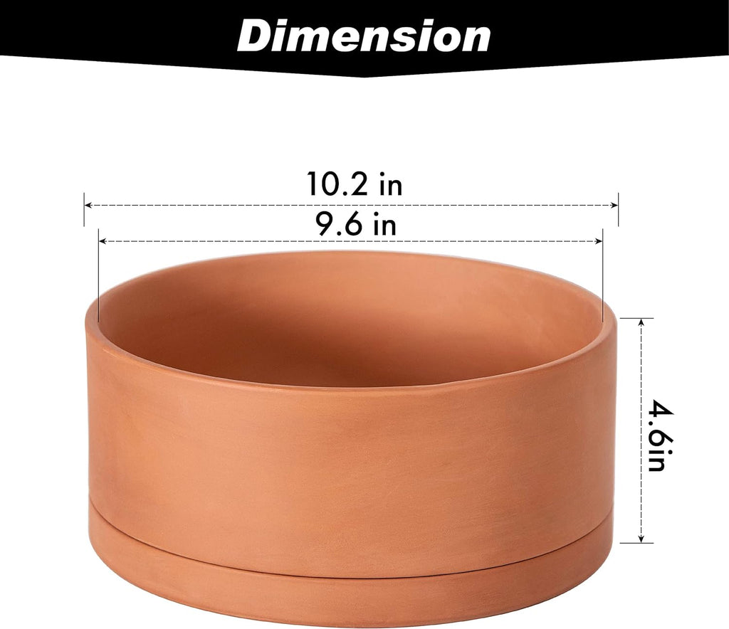 D'vine Dev Terracotta Shallow Planter Pot with Saucer, 10 in, 40-Y-B-0 | Wide Bowl Design, Unglazed Terracotta, Porous