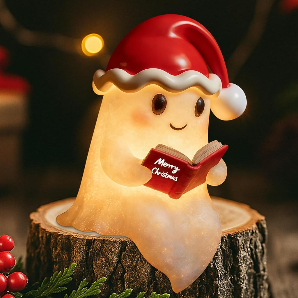 QETRABONE Christmas Ghost Reading Book Lamp, Cute Ghost Figurine Statue