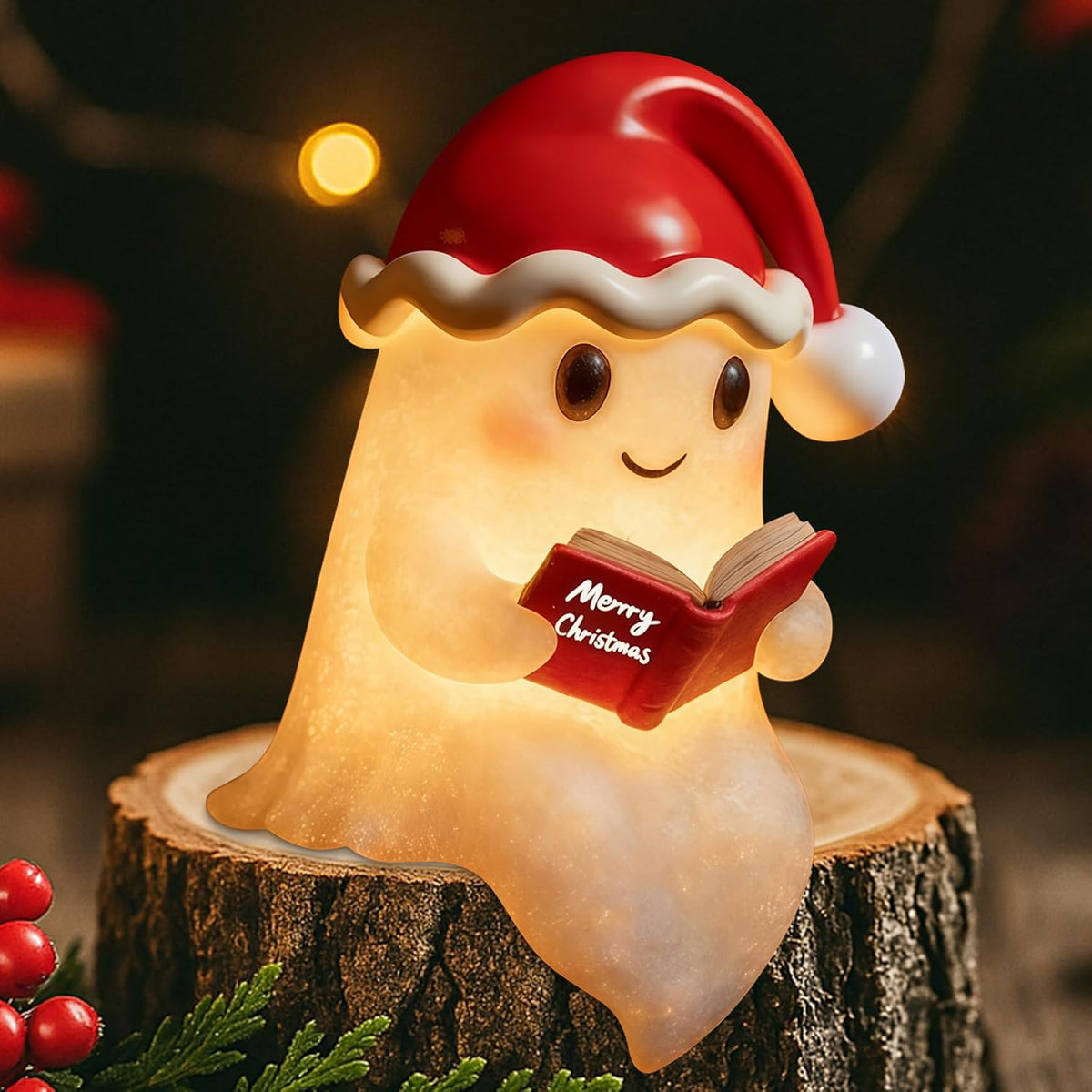 QETRABONE Christmas Ghost Reading Book Lamp, Cute Ghost Figurine Statue