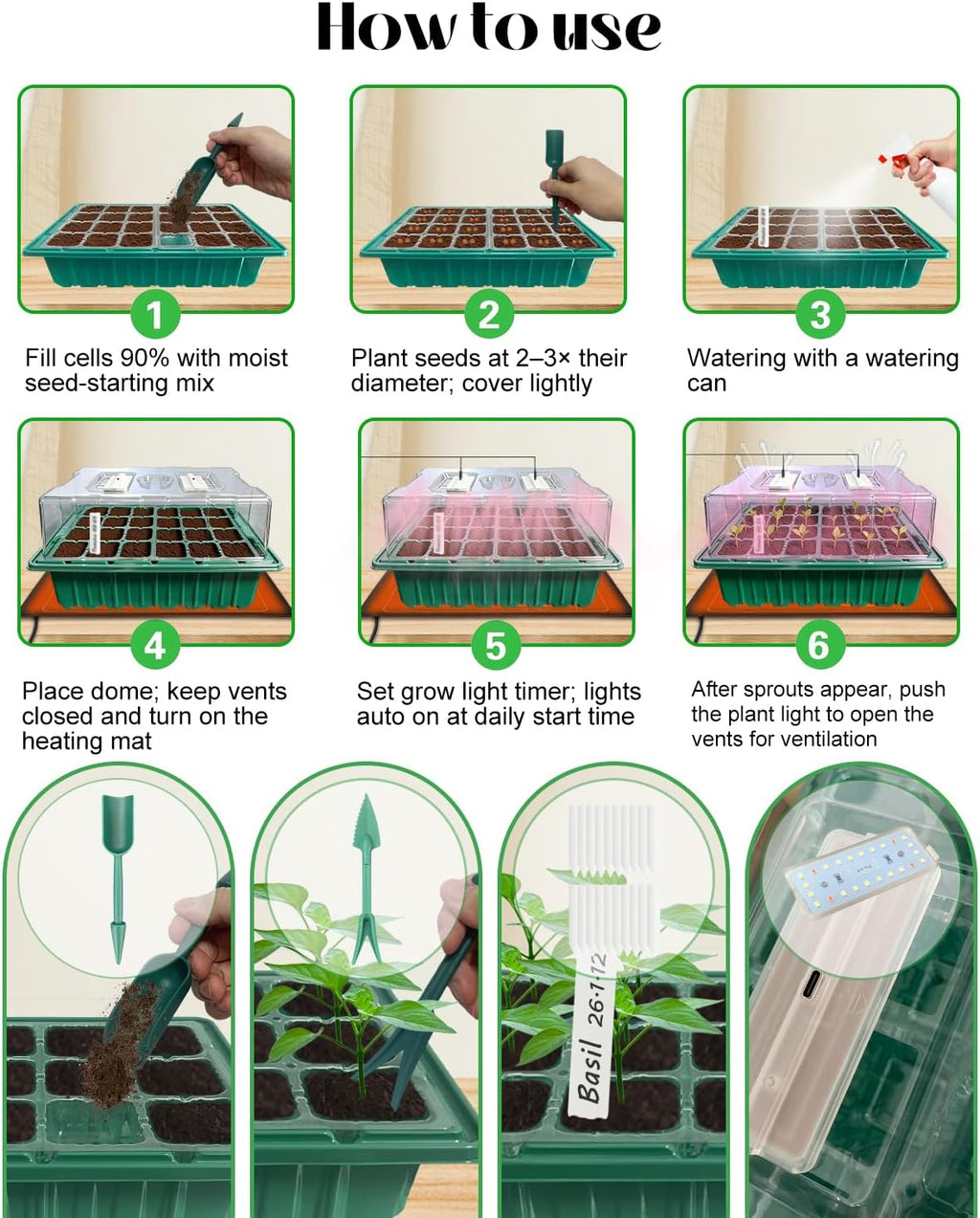 Seed Starter Trays with Grow Lights and Heat Mat for Seed Starting, Growing | Seed Starter Kit with Humidity Dome and